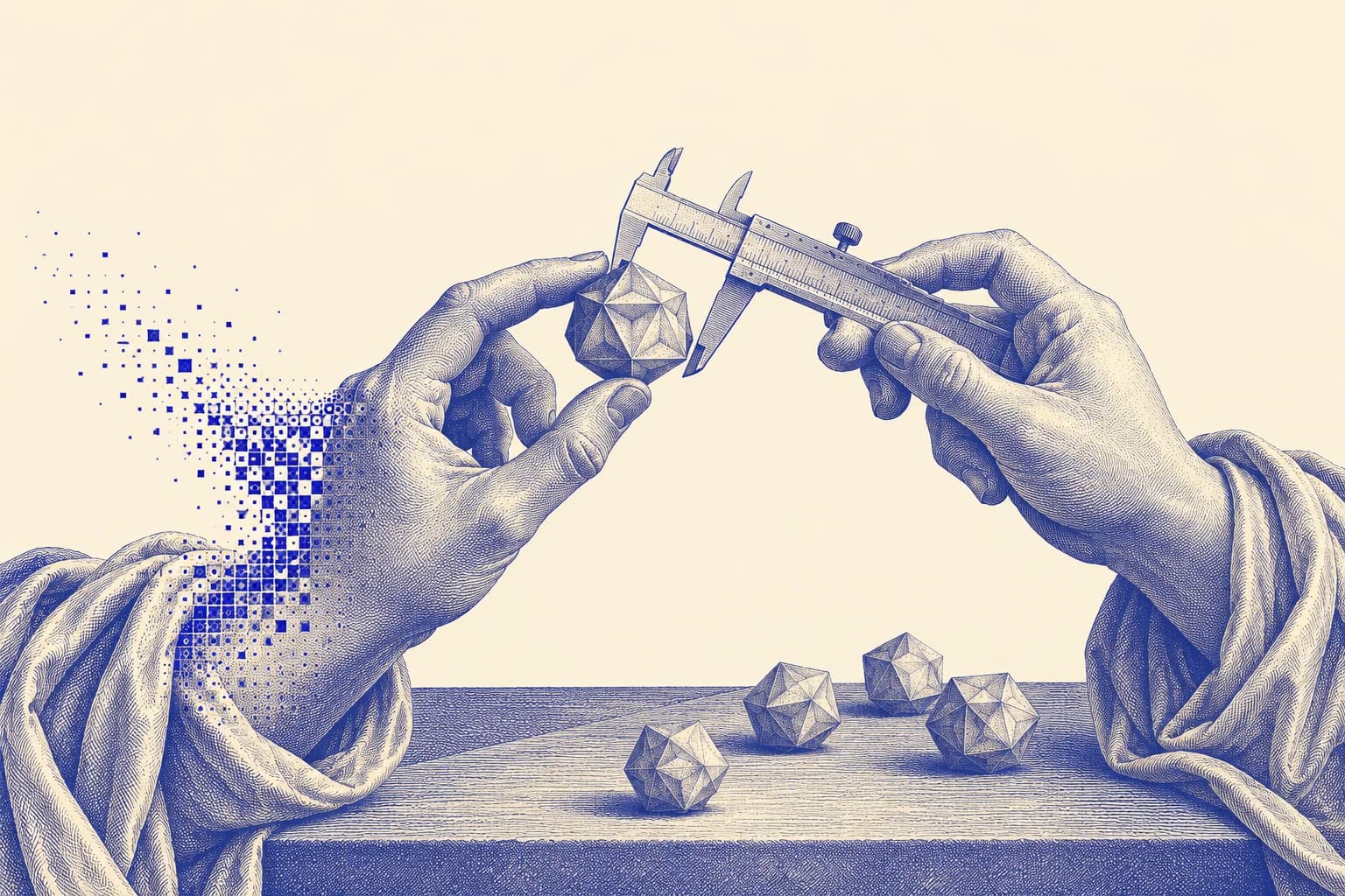 Engraved hands inspect a geometric token with a precision caliper, a metaphor for evaluating automation thresholds.