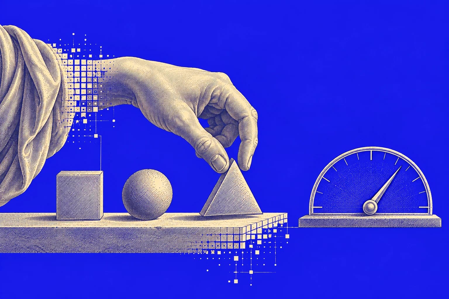 An engraved hand selects a geometric outcome while a separate measuring instrument represents confidence, in ivory and ultramarine.