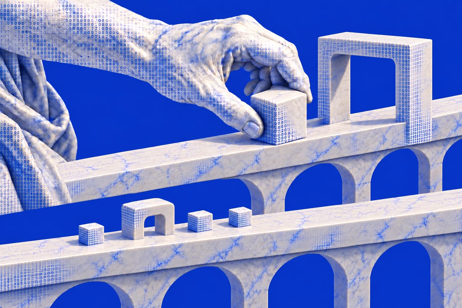 A marble hand places an oversized work block on a higher aqueduct with a larger gateway, while small blocks pass through a smaller gate on a separate lower route.
