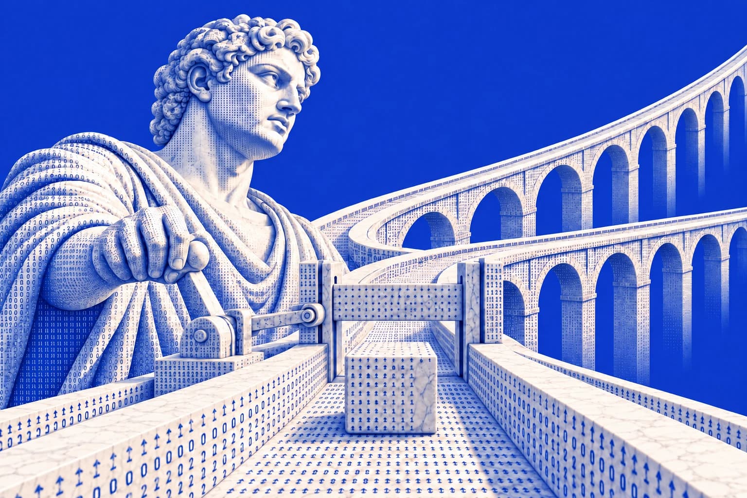 A monumental marble architect operates a lever linked to a raised sluice gate, with a work block waiting in the foreground channel and aqueduct routes continuing beyond it.