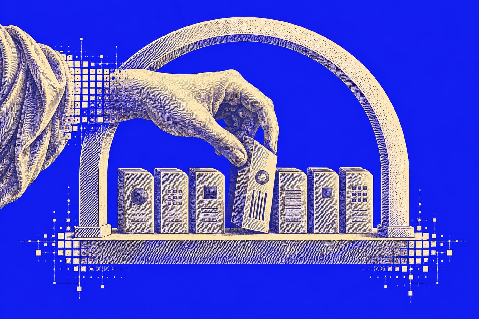 An ivory engraved hand selects a record within an enclosing arch, with computational pixels against an ultramarine background.