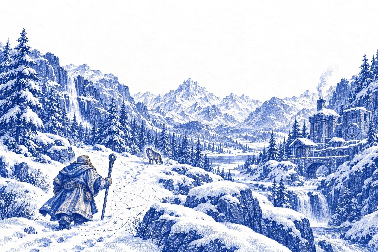 A dwarf priest with a staff walks a snowy valley toward a stone keep while a wolf watches, drawn in engraved blue ink.